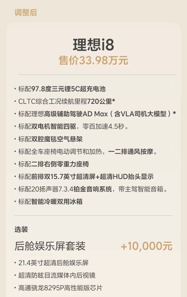 万德资本 33.98万元！理想i8统一配置售价